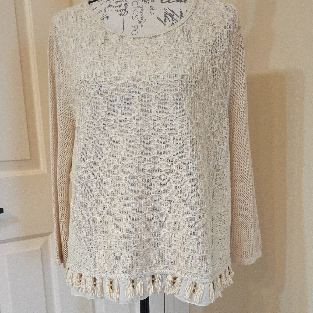 Chico's Boho Style Cream Lace Blouse with Fringe And Lace - Picture 3 of 12
